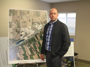 Darren Fry, director of strategic growth at Walker Environmental, shows the proposed site for the Zorra Township landfill - a former quarry on Carmeuse Lime and Stone property. (MEGAN STACEY, Sentinel-Review)