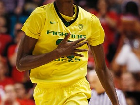 Oregon forward Chris Boucher reacts after scoring a three-point shot against Utah on March 12, 2016. Boucher, who has been playing basketball for only a few years, could have NBA potential. (AP)