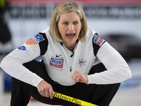United States skip Erika Brown calls a shot during a game against South Korea at the Women's World Curling Championship in Swift Current, Sask., on March 22, 2016. (Jonathan Hayward/The Canadian Press via AP)