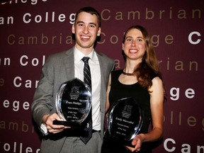 Cambrian Golden Shield men's soccer team goaltender Evan Phillips (left) and cross-country runner Emily Marcolini were named the Cambrian Athletics athletes of the year at the school's 49th annual athletics banquet Tuesday evening.