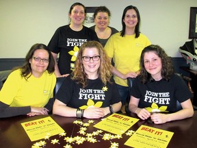 April is Cancer Month and local volunteers are getting ready. Daffodil pins – a symbol of the Canadian Cancer Society – are going on sale at stores around town. On Sunday, April 24, the 47th Great Ride 'n' Stride will be held. Sponsor sheets are available at Coward Pharmacy or participants can go online at cancer.ca/greatride to register and get sponsors. Pictured making plans are, back, Melissa Sawatsky, Melanie Watts and Lindsay Morgan. Seated, Carrie Atkins, Melissa Boesterd, CCS branch president, and Abbie Boesterd. (CONTRIBUTED PHOTO)