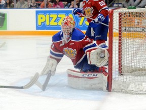 Oil Kings goalie Payton Lee stopped 32 shots in the win over the Tigers Tuesday in Medicine Hat. (Ryan McCracken, Medicine Hat News)