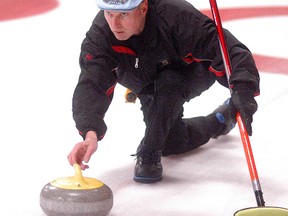 Wallaceburg's Jeff MacTavish releases his rock during the 39thannual Crazy Legs Bonspiel at the Sydenham Community Curling Club on Sunday, March 20 A total of 32 teams took part in the three-day bonspiel.