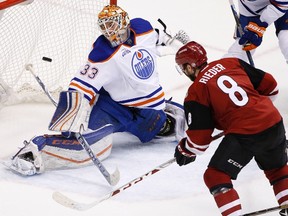 Arizona Coyotes' Tobias Rieder scores a goal against Edmonton Oilers' Cam Talbot  during the second period Tuesday in Glendale, Ariz. (AP Photo)
