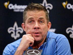 Sean Payton talks to the media after announcing he will remain as the head coach for the New Orleans Saints during a press conference at the New Orleans Saints Training Facility. (Derick E. Hingle-USA TODAY Sports)