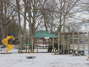 A picture of the wooded playground now in place in the Mt. Brydges Lions’ Club Park, which will be replaced by a modern, accessible structure. JONATHAN JUHA/STRATHORY AGE DISPATCH/POSTMEDIA NETWORK