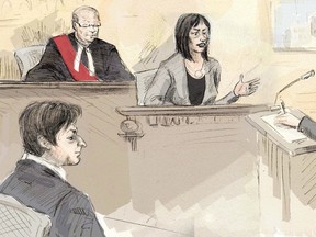 In this courtroom sketch, witness Lucy DeCoutere, second from right, is questioned by Crown attorney Corie Langdon, right, as Jian Ghomeshi, bottom left, and Justice William Horkins listen in court in Toronto on Thursday, Feb. 4, 2016.  (Alexandra Newbould/The Canadian Press)