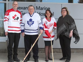 Ben Lobb, MP for Huron-Bruce, announced July 21 as the date of the annual Hometown Heroes hockey game. The goal is to raise $50,000, which will be donated to the Alexandra Marine and General Hospital for new equipment, the Gateway Centre of Excellence in Rural Health and the YMCA Strong Kids campaign. Pictured here from left to right, MP for Huron-Bruce Ben Lobb; Bill Thibert AMGH interim CEO; Gwen Devereaux, AMGH recruitment leader; and Anne-Marie Thomson, YMCA’s coordinator of community recreation and programs. (Laura Broadley/Goderich Signal Star)