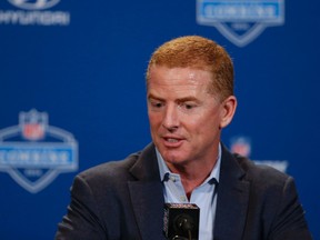 Dallas Cowboys head coach Jason Garrett speaks during a press conference at the NFL football scouting combine in Indianapolis, Wednesday, Feb. 24, 2016. (AP Photo/Michael Conroy)
