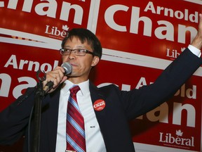 Arnold Chan celebrates his win in the Scarborough-Agincourt byelection June 30, 2014. (Dave Thomas/Toronto Sun)