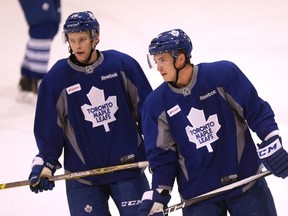 Tyler Bozak and Connor Brown skated on the same line during Toronto Maple Leaf practice at the Mastercard Centre in Toronto on March 23, 2016. (Craig Robertson/Toronto Sun/Postmedia Network)