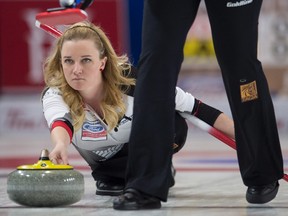 Team Canada skip Chelsea Carey makes a shot during the 13th draw against South Korea at the Women's World Curling Championship in Swift Current, Sask. Wednesday, March 23, 2016. (Jonathan Hayward/THE CANADIAN PRESS)