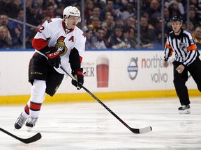 Ottawa Senators defenseman Dion Phaneuf carries the puck up ice during third-period NHL action against the Buffalo Sabres at First Niagara Center in Buffalo, N.Y., on March 18, 2016. (Timothy T. Ludwig/USA TODAY Sports)