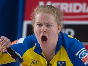 Sweden skip Margaretha Sigfridsson calls a shot against South Korea at the women’s world curling championship in Swift Current, Sask. Sunday, March 20, 2016. (THE CANADIAN PRESS/Jonathan Hayward)