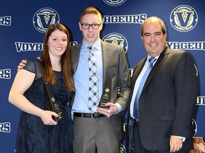 Hockey player Julie Hebert (left) and swimmer Matthew Schouten (middle) were named the Laurentian Voyageurs athletes of the year Wednesday night at the school's annual awards gala.