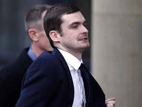 Former England footballer Adam Johnson arrives at Bradford Crown Court, where he is expected to be jailed after he was found guilty of one offence of sexual activity with a child by a jury there earlier this month, in Bradford, England, Thursday, March 24, 2016. (Peter Byrne/PA via AP)