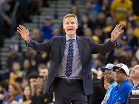 Golden State Warriors head coach Steve Kerr calls out to the referee during the fourth quarter against the Phoenix Suns at Oracle Arena. The Warriors defeated the Suns 123-116. Kelley L Cox-USA TODAY Sports