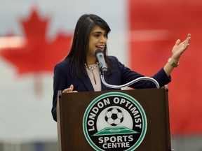 Bardish Chagger, federal minister for small business and tourism, speaks at the London Optimist Sports Centre in London, Ontario on Thursday March 24, 2016. Charger was in the area to promote the benefits of the new Liberal budget. (MORRIS LAMONT, The London Free Press)