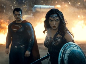 This image released by Warner Bros. Entertainment shows Henry Cavill as Superman, left, Gal Gadot as Wonder Woman and Ben Affleck as Batman in a scene from "Batman v Superman: Dawn of Justice." (Warner Bros. Entertainment)