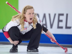 Canadian skip Chelsea Carey calls a shot during the 9th draw against Germany at the Women's World Curling Championship in Swift Current, Sask. Tuesday, March 22, 2016.