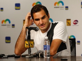 Roger Federer speaks at a press conference at the Miami Open in Key Biscayne, Fla., on Thursday, March 24, 2016. (Geoff Burke/USA TODAY Sports)