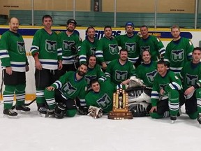 Submitted photo: The Whalers won the Wallaceburg men's Sunday morning recreational hockey league final on March 13. The Whalers swept the playoffs, beating the Rhinos two straight in the semi-finals, and then beating DSR two straight in the finals, as the Whalers won 2-1 in the championship clinching game. With the win, the Whalers stopped a dynasty, as DSR won 11th straight championships prior to this year.