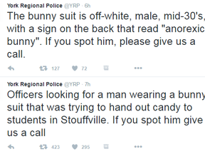 York Regional Police tweets about a bunny suit incident in Stouffville on Thursday, March 24, 2016.