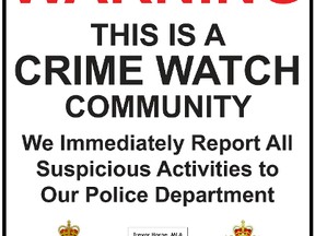The crime watch sign — available in two sizes — that Acheson Business Association (ABA) members can place on their properties to deter thieves. - Photo submitted
