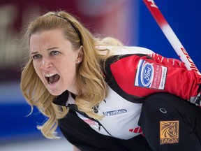 Team Canada skip Chelsea Carey calls a shot during a game against Japan at the women’s world curling championship in Swift Current, Sask., on Thursday, March 24, 2016. (THE CANADIAN PRESS/Jonathan Hayward)