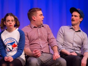Kirsten Rasmussen, Kevin Whalen and Kyle Dooley in a scene from Second City's The Hotline Always Blings Twice.