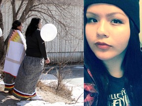 Dayna Copenace, left, gazes out to where her 16-year-old twin sister Delaine's body was discovered on March 22, 2016 on Lake of the Woods in Kenora. At right, Delaine.
