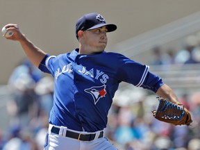 Blue Jays pitcher Aaron Sanchez throws against the Mets during first inning Grapefruit League action in Dunedin, Fla., on Wednesday, March 23, 2016. (Chris O'Meara/AP Photo)