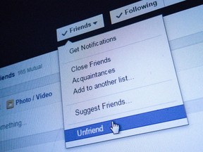 An "unfriend" option on a Facebook page is shown in Toronto, July 8, 2015. (THE CANADIAN PRESS/Giordano Ciampini)