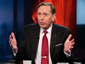 Former CIA Director and retired Gen. David Petraeus is interviewed by host Anthony Scaramucci and Maria Bartiromo during the taping of the premiere show of "Wall Street Week," on the Fox Business Network, in New York, Thursday, March 17, 2016. The original "Wall Street Week" ran on PBS for more than 30 years. (AP Photo/Richard Drew)