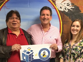 Kettle & Stony Point First Nation Chief Tom Bressette is pictured here with Jon Milos, director of entrepreneurship at Lambton College, and entrepreneurship specialist Sarah Williams. Officials with the First Nation band and college launched the opening of a new satellite entrepreneurship office at the Kettle & Stony Point administration building Friday. SUBMITTED PHOTO