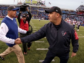 Bills head coach Rex Ryan shakes hands with Texans head coach Bill O'Brien after a game at Ralph Wilson Stadium in Orchard Park, N.Y., on Dec. 6, 2015. (Brett Carlsen/Getty Images/AFP)