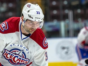 In this Feb. 13, 2016 photo provided by the St. John's IceCaps, John Scott is shown during an AHL game against Toronto in St. John's, Newfoundland and Labrador. The journeyman tough guy who won the hockey world over in becoming the NHL All-Star Game MVP is having a blast playing in the AHL’s eastern-most outpost. (Colin Peddle/St. John's IceCaps via AP)