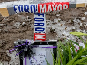 The Rob Ford memorial keeps growing at Douglas B. Ford Park in Etobicoke on Friday March 25, 2016. (Dave Thomas/Toronto Sun)