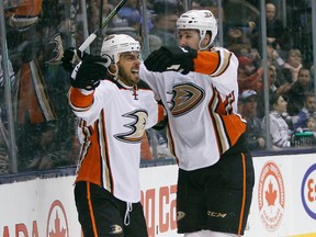 Ducks forward Brandon Pirri (left) celebrates his shorthanded goal against the Maple Leafs with Ducks forward Nick Ritchie (right) at the Air Canada Centre in Toronto on Thursday, March 24, 2016. (John E. Sokolowski/USA TODAY Sports)