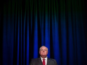 Then Toronto mayor Rob Ford pauses while participating in a mayoral debate in Toronto on July 15, 2014. (THE CANADIAN PRESS/Darren Calabrese)