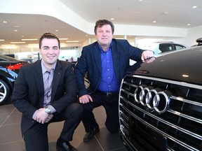 Joel Paquette, left, general manager of New Sudbury Volkswagen and Audi Sudbury, and dealer principal Marc Paquette show off the new showroom of Audi Sudbury in Sudbury, Ont. John Lappa/Sudbury Star/Postmedia Network