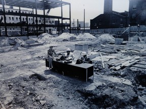 Joan Sutton, Paul Rimstead and editor John Downing climbed into the muck to a desk with one typewriter and a chair in the middle of the hole where the Sun would build its King St. E. headquarters. Rimmer found some paper in a drawer and proceeded to write his column for the next day. “The picture ran front page next day and the rumours stopped about us going out of business,” Downing said.