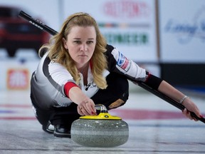 Team Canada skip Chelsea Carey makes a shot against Russia at the women’s world curling championship in Swift Current, Sask., on Saturday, March 26, 2016. (THE CANADIAN PRESS/Jonathan Hayward)