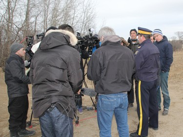 RCMP Sgt. Bert Paquet spoke to media Saturday evening after it was confirmed the body of missing two-year-old boy Chase Martens was recovered earlier in the day. (Matt Hermiz/TheGraphic/Postmedia Network)