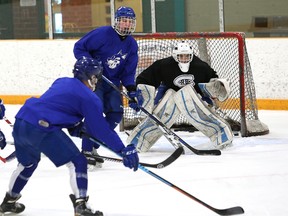 Members of the Sudbury Nickel Capital Wolves AAA major midgets take part in a practice at Gerry McCrory Countryside Sports Complex on Friday. The team begins play at the Central Regional Midget AAA Championships in Waterloo on Sunday.
