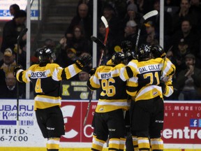 Kingston Frontenacs' Warren Foegele celebrates his second goal of the night against the Oshawa Generals in the Ontario Hockey League eastern conference quarter-finals at the Rogers KRock Centre in Kingston, Ont. on Saturday March 26, 2016. Steph Crosier/Kingston Whig-Standard/Postmedia Network