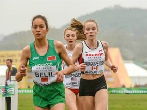 Jennie Baragar-Petrash (right) competes in the 2015 world cross country championship in Guiyang, China. (MICHAEL SCOTT PHOTO)