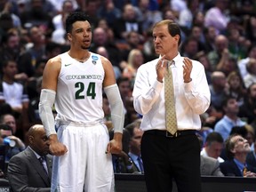 Oregon Ducks head coach Dana Altman and forward Dillon Brooks (24) react during a West Regional semifinal at the Honda Center. (Kirby Lee/USA TODAY Sports)