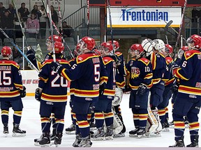 Members of the Wellington Dukes salute the Community Gardens crowd after being eliminated in their conference semi-finals Friday night by the host Trenton Golden Hawks. (Ed McPherson/OJHL Images)