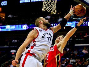 Toronto Raptors' Luis Scola celebrates scoring against the Orlando Magic during the second half of NBA basketball action in Toronto, Sunday March 20, 2016. (THE CANADIAN PRESS/Mark Blinch)
